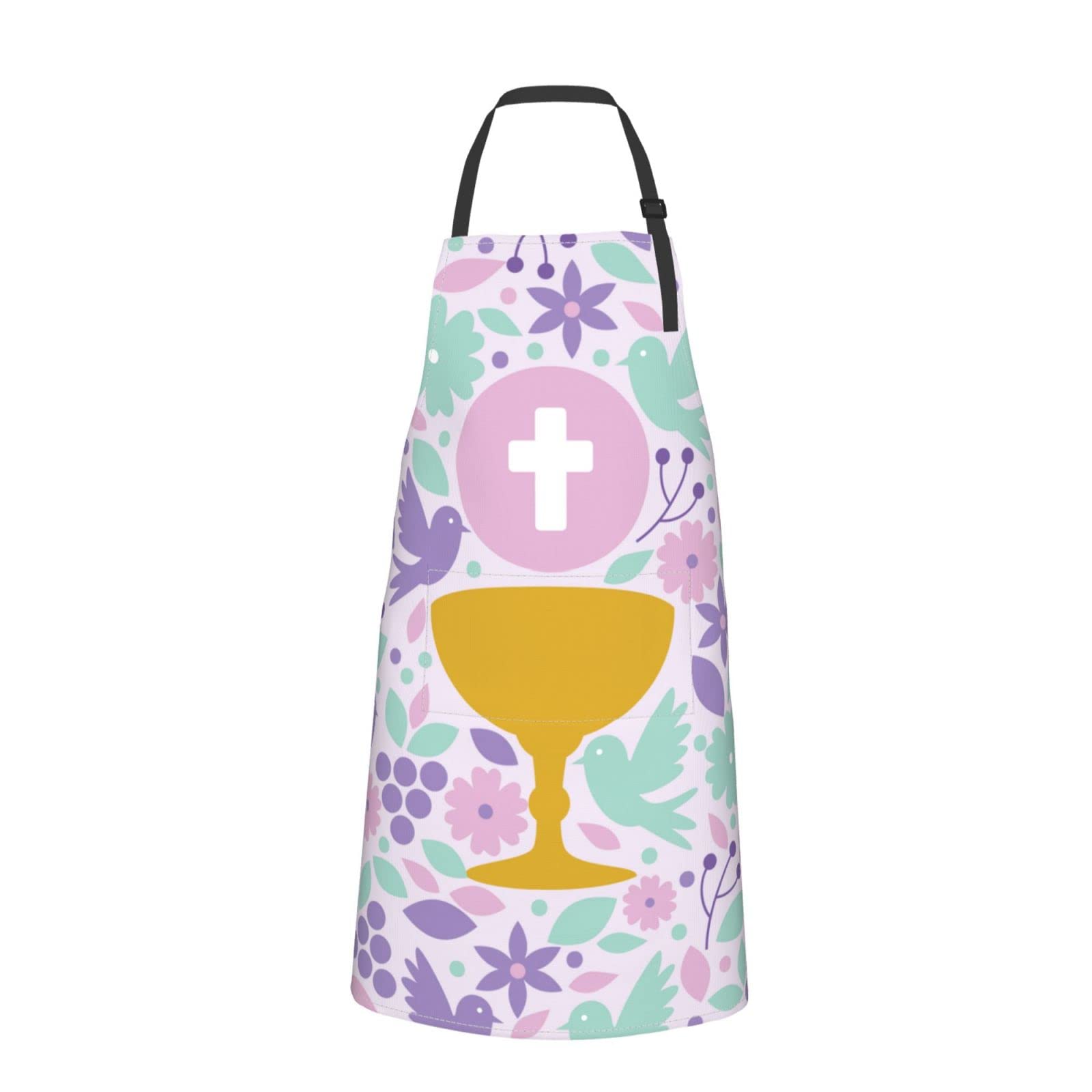 Pubdskblde Unisex Chalice With Holy Host To First Communion Blue First Communion Apron Adjustable Aprons With 2 Pockets For Women Men Waterproof Apron For Kitchen Painting Gardening