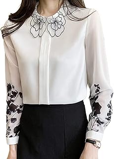 [N-O] ブラウス 長袖 春夏秋冬 オフィス トップス 花柄 丸襟 レディースレースシャツ大きいサイズOLシフォンシャツ 春 長袖 ブラウス フリル 丸首 パフスリーブ 刺繍 羽柄 エレガント プルオーバー ゆったり フォーマル フェミニン トップス カジュアル (XXL)