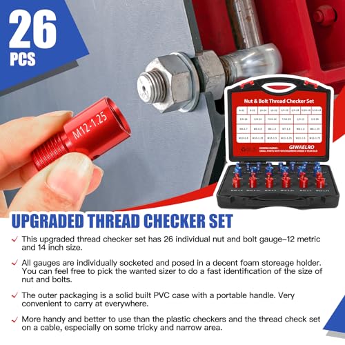 Giwaelro G05 Nut And Bolt Thread Checker - 26 Pcs Nut And Bolt Gauges Individually Housed In Case (14 Inch & 12 Metric) Specially Suitable thumb #1