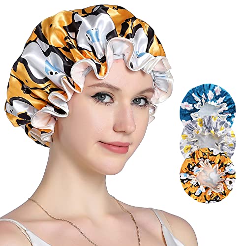 YIZIJIZI Shower Cap, Shower Cap for Women 3 PACK, reusable shower cap, Large Waterproof Hair Cap, EVA Lining with Adjustable Elastic Band for All Hair Lengths (Flower)