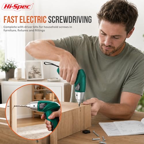 Image of Hi-Spec 4V USB Electric Screwdriver Tool Kit for Home Repairs, Green | 42pc, fast assembly help, common screw bit selection, LED visibility, compact grip, quick household fixes, organized storage