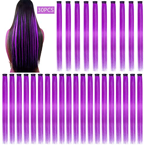 30PCS Color Straight Hair Extensions Clip in 20 Inch Purple Synthetic Clip in Hair Extensions Cosplay Party Highlights Synthetic Clip in Long Hairpiece for Women Girls Kids Gift (Purple)