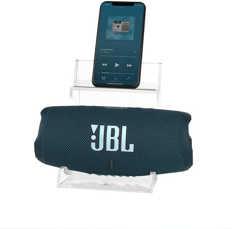 Coyktonty Acrylic Desktop Speaker Stand for JBL Charge6/5/4/iPhone, Clear Table Holder for Speaker and Smartphone (Black)