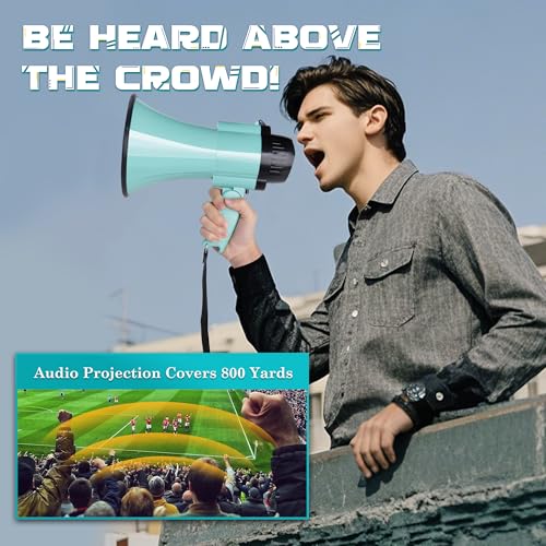MyMealivos 30W Megaphone with Siren & 240s Record-Adjustable Vol Control Cover Up to 800 Yards Range Fit for Sport Games Cheerleading Coaches Event Organizers-Teal