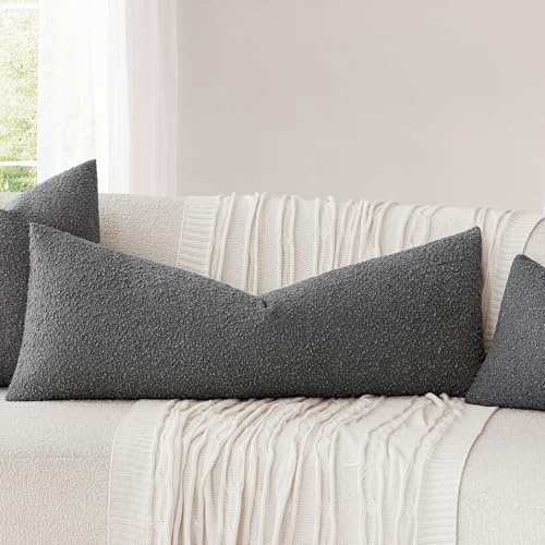 Image of Foindtower Decorative Textured Boucle Throw Pillow Covers Accent Solid Pillow Cases Neutral Long Body Lumbar Couch Cushion Case for Chair Sofa Bedroom Living Room Home Decor 14x36 Inch,1PC,Dark Grey
