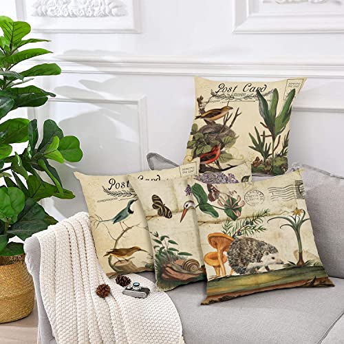 Gulidi Retro Rustic Vintage Animals Throw Pillow Covers Cotton Linen Cute Hedgehog Robin Birds Stork Butterfly Snail Classical Pairs Garden Flowers Decorative Post Card Cushion Cover Set Of 4 20"X20" #TOP3