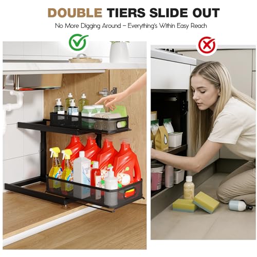 Image of 2-Pack Under Sink Storage Organizer with 2-Tier Slide Out Drawer, Sophisticated Mesh Pull Out Shelf for Kitchen & Bathroom, Fits Small Items, Upgraded Arched Track for Smooth Gliding(Patented)