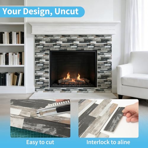 Image of Art3d Faux Stone Peel & Stick Backsplash Tile, 10 pcs, Distressed Wood