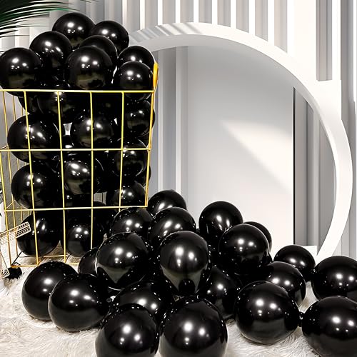 Image of Firomi Small Black Balloons 5-inch 100 Pack (with 2 Ribbons) | Helium Metallic Shiny Round Black Thicken Latex Balloon for Wedding Birthday Party