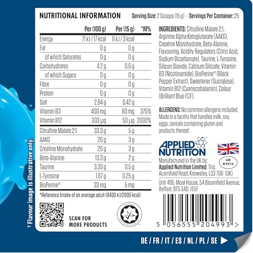 Pre-Workout Pump 3G Applied Nutrition Zero Stimulant Icy Blue Raz 375g