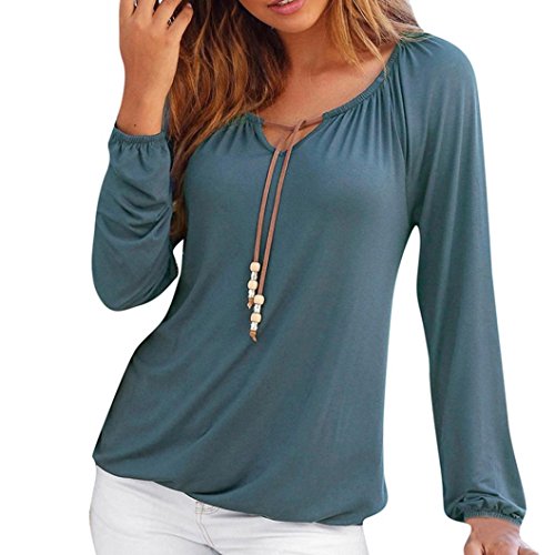 OverDose Camisetas Blusas Manga Larga para Mujer V Cuello Tops Bowknot sólido Tallas Grandes