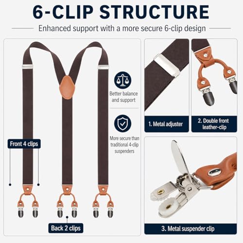 Image of Men's Heavy Duty Y-Back Suspenders, 6 Strong Metal Clips Adjustable Elastic Straps for Work, Tuxedos, and Daily Wear