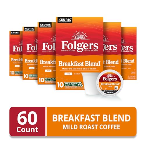 Image of Folgers Breakfast Blend Coffee, Mild Roast, Keurig K-Cup Pods, 10 Count (Pack of 6)