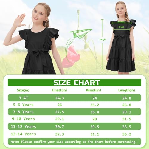 Girls Summer Dress Ruffle Sleeve Tiered Swing A-Line Flared Skater Party Dress with Pockets 5-14T3