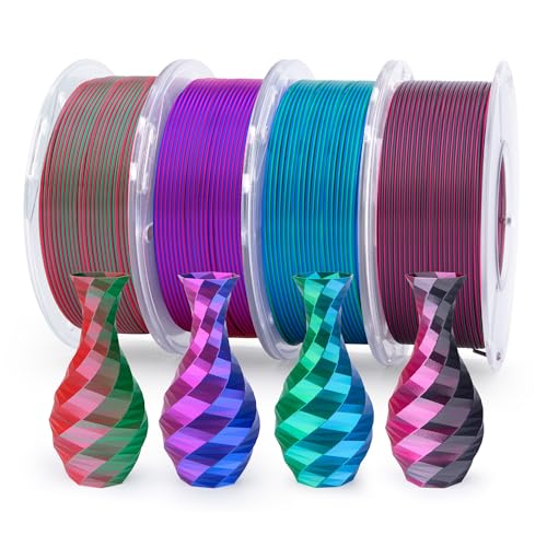 ELEGOO Silk PLA Filament Bundle 1.75mm, Glänzendes Mehrfarbig 3D-Druckerfilament PLA Mit Hoher Maßhaltigkeit, 4 Pack 250g Spulen Silk Grün Rot/Blau Lila/Schwarz Rot/Blau Grün