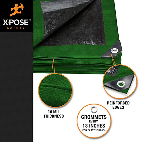 Heavy Duty Poly Tarp 8 Feet X 10 Feet 10 Mil Thick Waterproof, Uv Blocking Protective Cover - Reversible Green And Black - Laminated Coating - Grommets - By Xpose Safety #TOP2