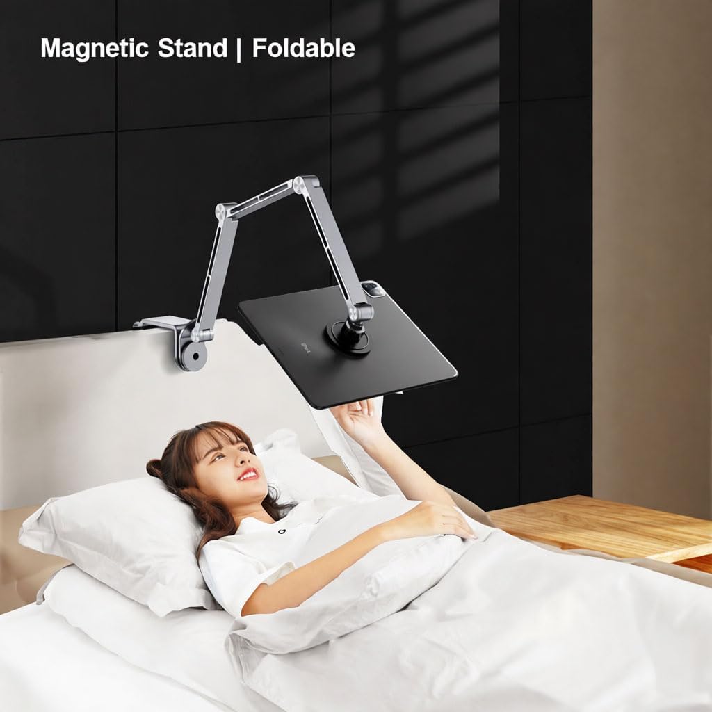 Magnetic Heavy Duty Metal Phone/Tablet Holder for Bed Adjustable Foldable Stand for Desk Aluminum Universal Lazy Bracket 360° Rotation Flexible Long Arm (Grey, Magnetic)