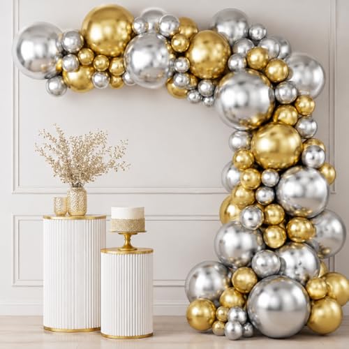 Image of Gold & Silver Chrome Metallic Balloons | Pack of 50 Pcs Chrome Latex Balloons for Birthday, Anniversary, Engagement, Wedding, Graduation, New Year & Party Decorations ARV ZONE