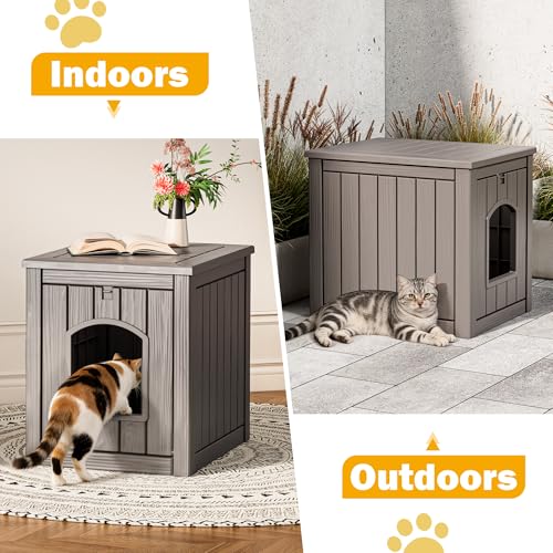 Image of Cat Litter Box Enclosure, Multi-Functional Enclosed Cat Litter Box Furniture, Outdoor Cat House Weatherproof, Openable Front Door & Raised Floor, Easy to Clean & Assemble, Grey