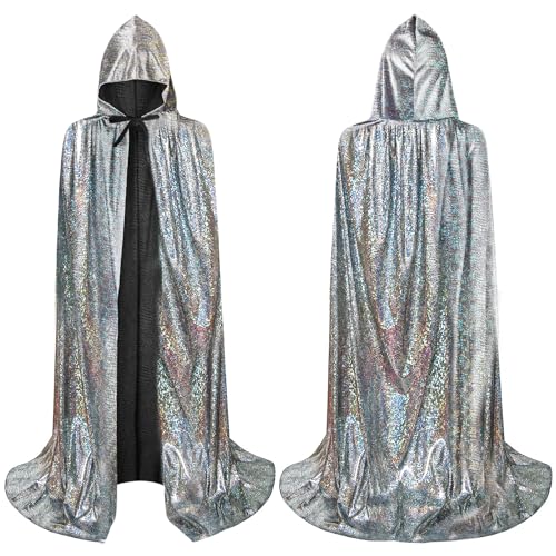 AYBUY Cape à Capuche pour Adulte, Cape à Capuchon d'halloween, Déguisement de Sorcière, Costume de Mascarade Adulte, Halloween, Fête de Famille, Carnaval de Noël, 150CM # Argent