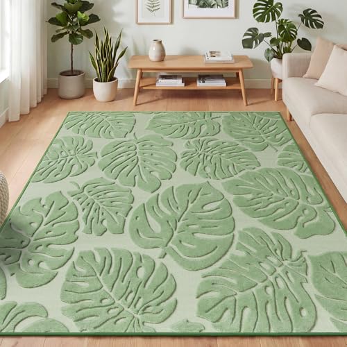 Sage Green Monstera Area Rug 5x7, High-Low Plush Pile...