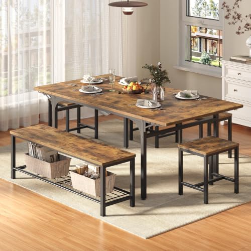 RALGEND Dining Table Set for 4-6, 63" Extendable Kitchen Table Chairs Set with 1 Bench and 4 Stools, 6-Piece Dining Room Table Set with Storage Rack & Metal Frame, Rustic Brown and Black