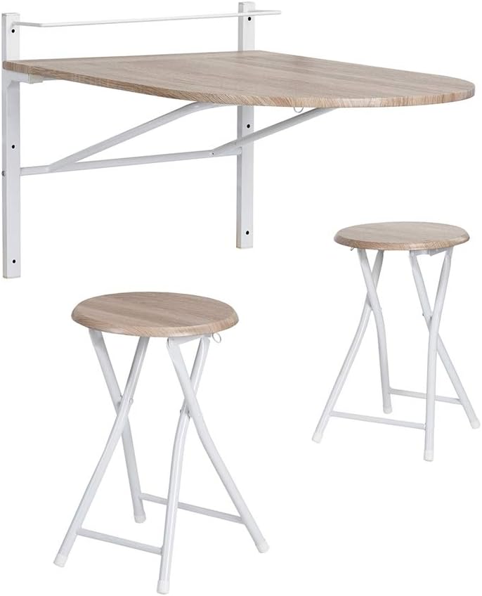 3 pcs Wooden Kitchen Dining Table Set Wall-Mounted Drop-Leaf Folding Breakfast Table and 2 bar stools Set