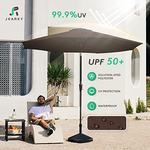 Image of JEAREY 9FT Outdoor Patio Umbrella Outdoor Table Umbrella with Push Button Tilt and Crank, Market Umbrella 8 Sturdy Ribs UV Protection Waterproof for Garden, Deck, Backyard, Pool (Brown)