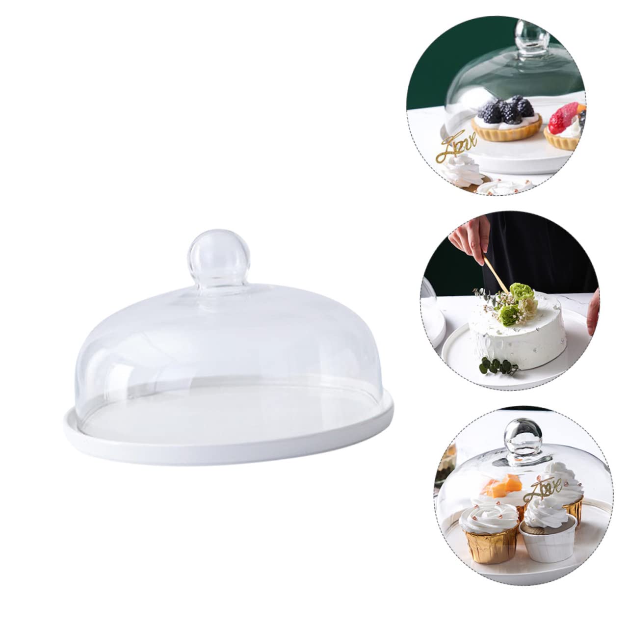 Plato de Cerámica para Tartas con Bandeja para Servir y Tapa de Vidrio Transparente de Bandeja Antipolvo para Repostería y Pastelería para Exhibición de Postres y Frutas Cocina y