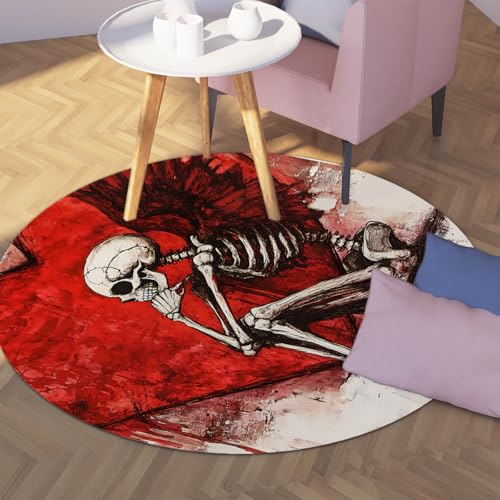 Tapis rond gothique 240cm avec squelette et cœur rouge lavable