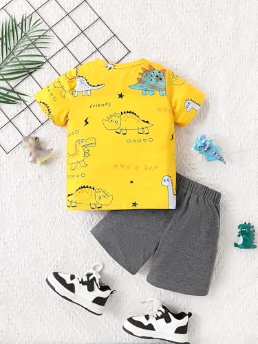 Image of Boys Outfits Yellow Dinosaur Print Short Sleeve T-Shirt and Dark Grey Shorts Set for 4-7 Years Old