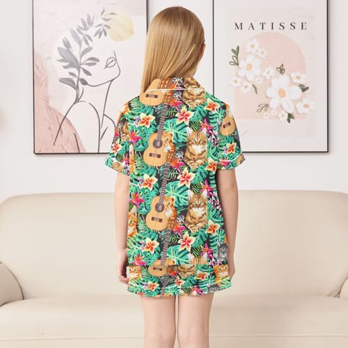 ALAZA Colorful Hawaiian Cat Kitten Guitar Pajamas Satin Pajama Set Short Sleeve Button Down Sleepwear4