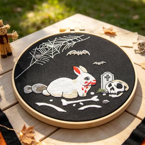 Image of Halloween Embroidery Kits for Beginners Adults, Gothic Rabbit Embroidery DIY Kit, Halloween Cross Stitch Kits Needlepoint Kits for Beginners Adults Woman Gifts, Embroidery Hoop, Thread, Video Tutorial