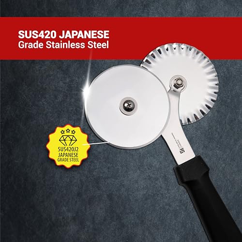 Image of HS 3.2 Inch Professional Double Round Pizza Cutter with Medium Handle, Sandwich Paratha Chapati Roti Wheel Smooth Rotating Slicer Food Grade Stainless Steel, for Home and Commercial Use, Black