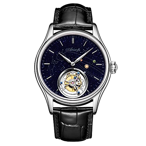 Aesop Men's Genuine Mechanical Hand-Wind Tourbillon Starry Sky Luminous Wrist Watch Business Dress Watches Leather Strap (Silver White),7025G