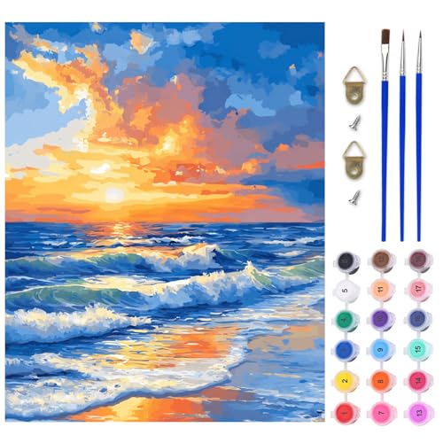 Lxmsja Sunset Paint by Numbers Kit for Adults, Sea Waves Acrylic Paint by Numbers for Adults Beginner, DIY Craft Supplies Oil Painting Kits for Home Wall Decor 16x20 inch (No Frame)
