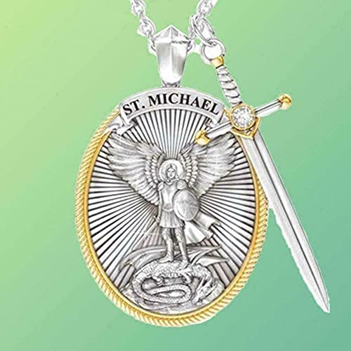 The Archangel Saint Michael/Oval Medal Necklace Protection Prayer Pendant Necklace Seal Solid with A Sword Pendant Necklace -2PCS…3