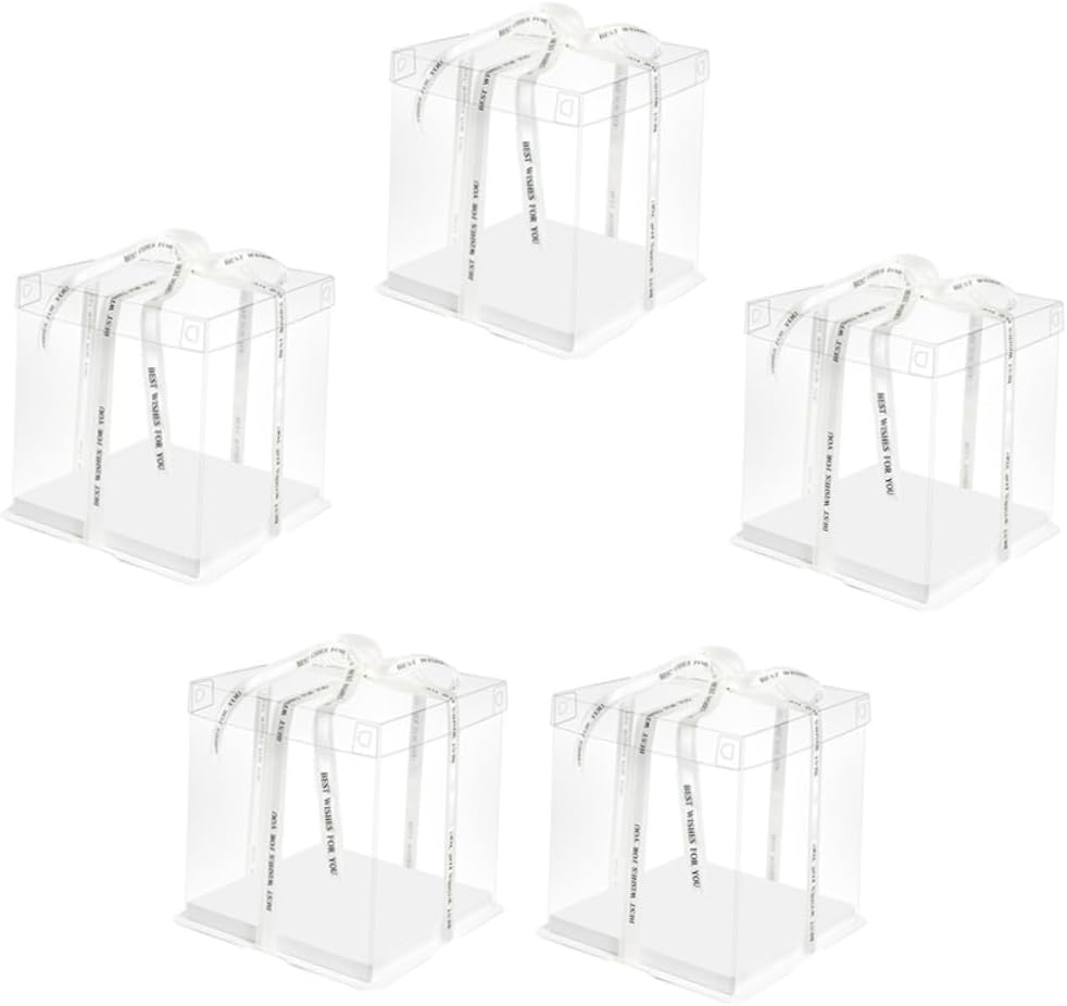 Lurrose 8-inch Square Cake Wrapping Box 5pcs, Single Layer Food Packaging Containers with Raised Sides, Cake Storage Carrier for Birthday and Packaging