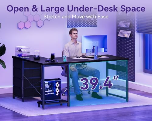 Image of AODK L Shaped Gaming Desk with 4 Drawers, 53 inch Reversible Home Office Desks with Power Outlets, L Shaped Computer Desk with USB Charging Port and Host Stand, Corner Desk, Easy to Assemble, Black
