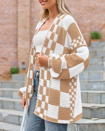 Image of BTFBM Casual Cardigan Sweater for Women Fall 2026 Long Sleeve Open Front Chunky Knit Sweaters Checkered Outwear Coat