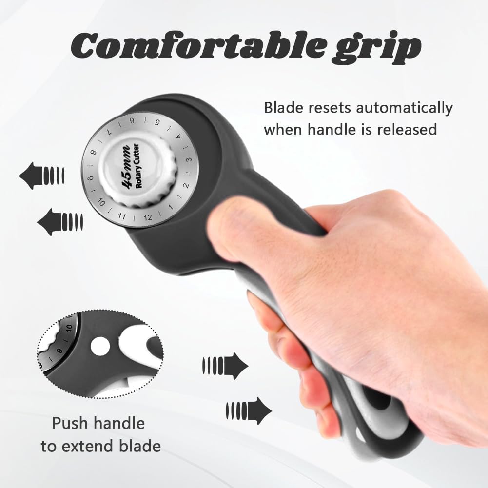 45mm Rotary Cutter for Fabric with 10pcs Replacement Blade, Ergonomic Handle Rolling Cutter with Safety Lock for Fabric, Leather, Paper, Crafting, Sewing, Quilting (COLOR:Black)