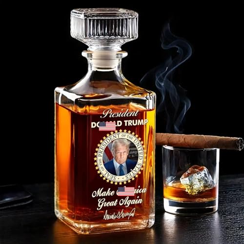 US Patriotic Pride Glass Whiskey Bottle 26oz Whiskey Decanter (Bottle Only) Political Republican Gift for Home Bar 47th President Supporters Fathers Day Gift (Distilled For Patriots)