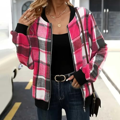 Womens Plaid Bomber Jacket Lightweight Zip Up Shackets Cropped Jackets Casual Outerwear Checkered Coats Fall Outfits2