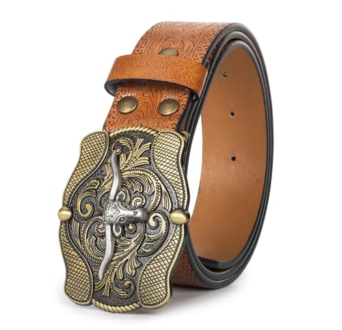 Image of UTOWO Western PU-Leather Cowboy Buckle Belt for Men and Women Jeans Engraved Floral Longhorn Bull Buckle Belt (25-38 inch waist)