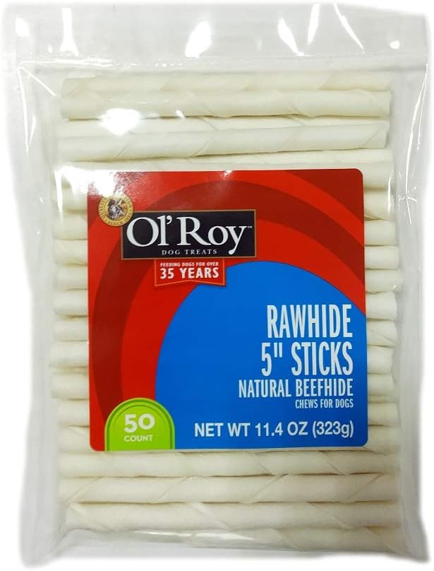 Ol' RoyRawhide 5" Sticks, Natural Beef Hide • 50 Count