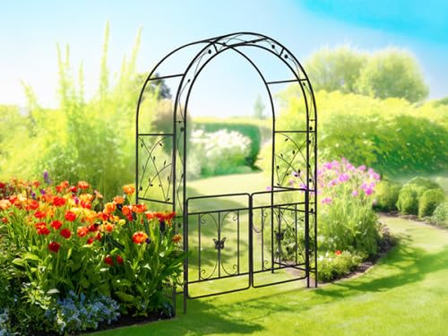 Bonnlo Arche de Jardin avec Portail, Arche en Fer pour Plantes Grimpantes et Rosiers, Tonelle Jardin pour Mariages, Fêtes et Décorations Extérieures, Noir