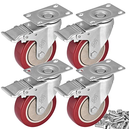125 mm Heavy Duty Silent Swivel Caster Set of 4 With Brake Wheels, Dual Locking Bearing Plate for Furniture Workbench Cart