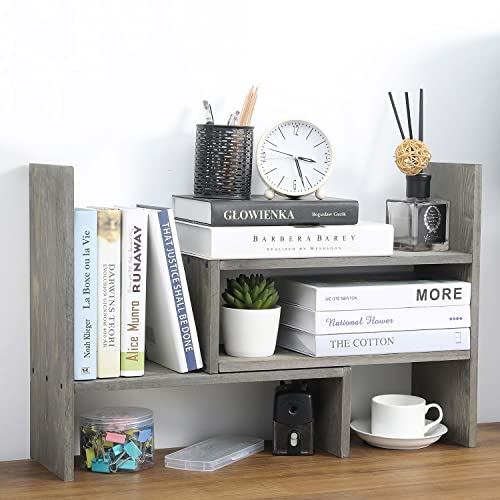 Mygift Adjustable Vintage Stone Gray Solid Wood Desktop Storage Organizer Display Shelf Book Rack, Home Office Desk Decor Bookshelf #TOP3