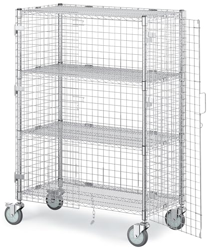 3-Tier Commercial Grade NSF Steel Wire Mesh Storage Chrome Mobile Security Cage Kit, 1500lbs Heavy Duty Mobile Security Cage Kit with Adjustable Shelf Height & Anti-Static Chain for Garage, Warehouse