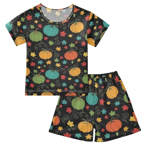 Pajama Short Sets Autumn Pumpkins Leaves Pattern Soft Cotton Summer Sleepwear 2 Piece PJS Size 5-14T